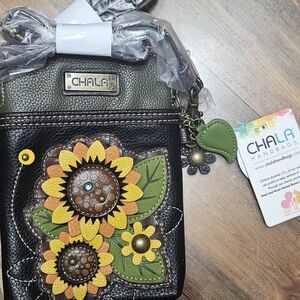 Chala Black and Green Crossbody Bag with Sunflower Design